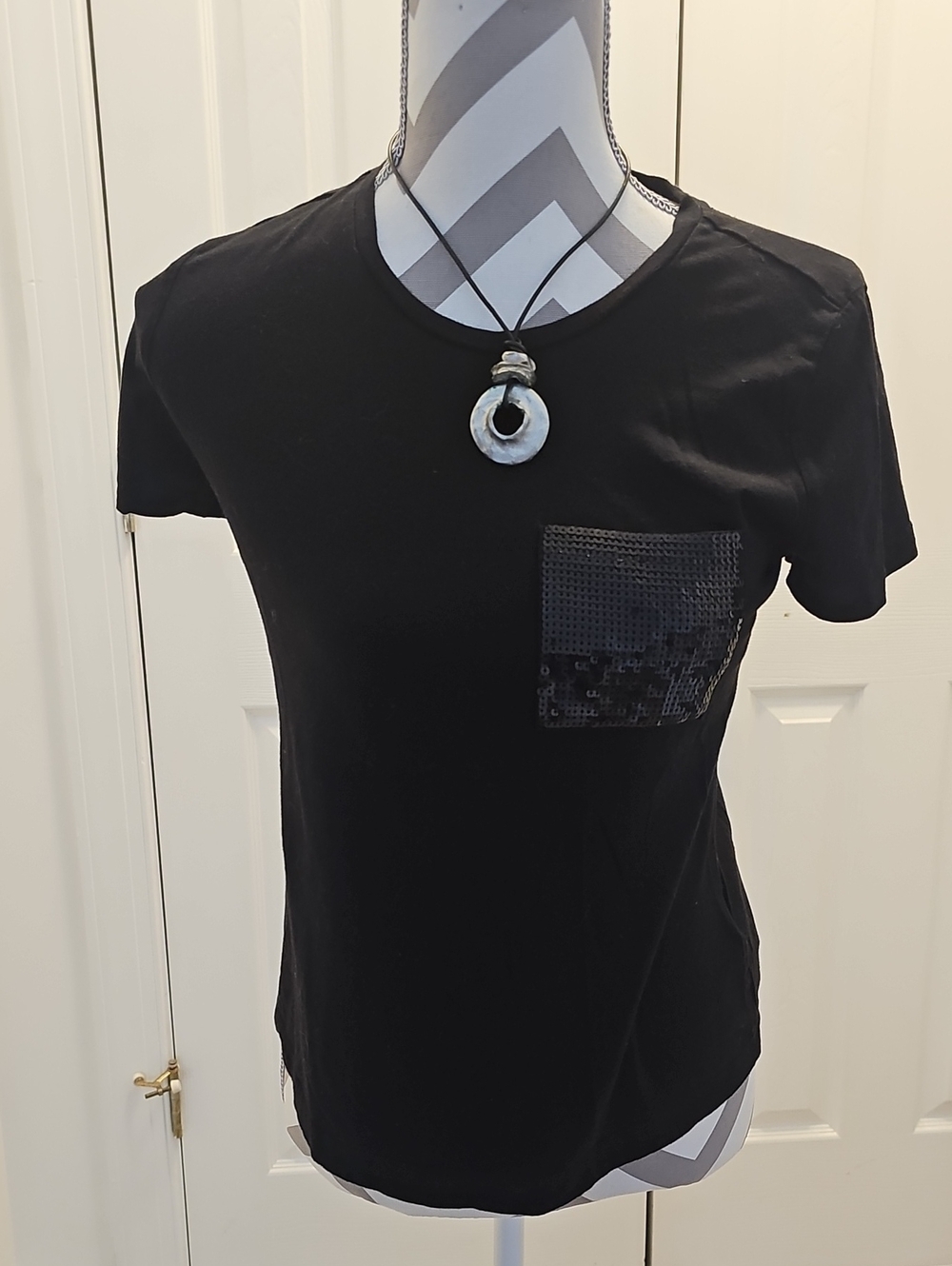 DKNY Black Short-Sleeve Tee with Sequin Pocket